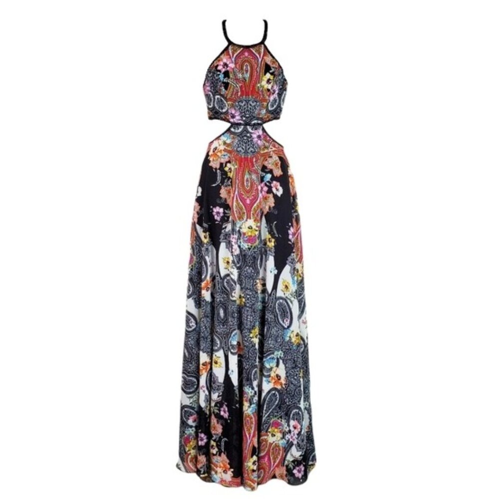 Mon Cheri Womens Multicolor Paisley Beaded Halter Cutout Maxi Dress Size 00 NWT